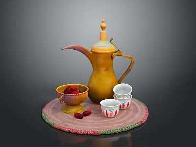 Household Tea Set With Yellow Teapot Small Bowl Red Fruits White Cups And Woven Mat 3d model
