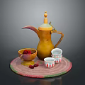 Household Tea Set With Yellow Teapot Small Bowl Red Fruits White Cups And Woven Mat