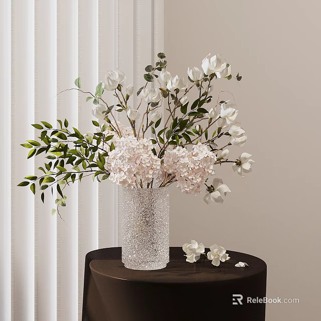 White Pink Flowers In Transparent Textured Glass Vase On Dark Wooden Table With White Blinds 3d model 
