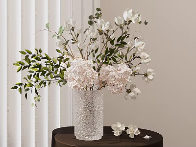 White Pink Flowers In Transparent Textured Glass Vase On Dark Wooden Table With White Blinds 3d model