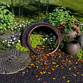 Tranquil Garden Landscape With Stone Lantern Circular Arch Clay Pots And Greenery 3d model