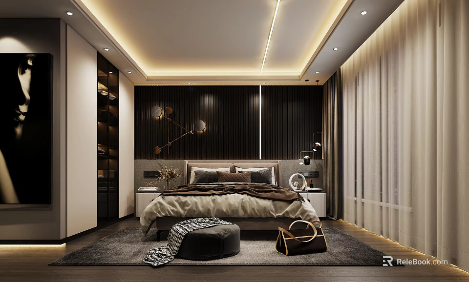 Modern Bedroom Interior Design With Bed Nightstand Lighting Curtains And Decor Rug 3d model 