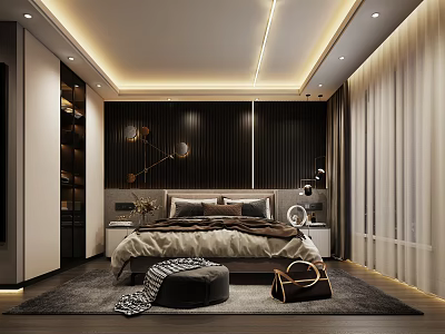Modern Bedroom Interior Design With Bed Nightstand Lighting Curtains And Decor Rug 3d model