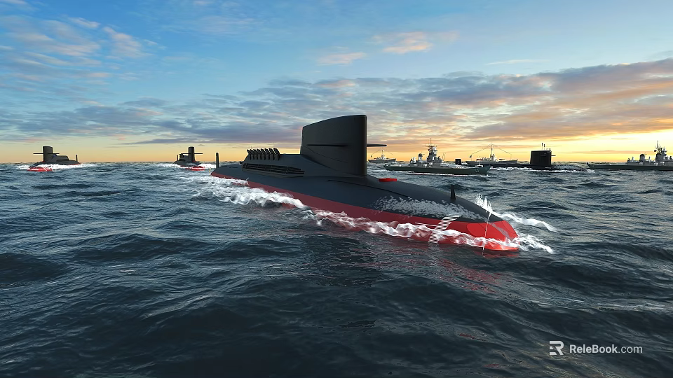 Military Submarine Sailing In Ocean With Waves And Other Naval Vessels Under Sunset Sky 3d model 
