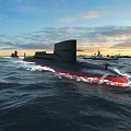 Military Submarine Sailing In Ocean With Waves And Other Naval Vessels Under Sunset Sky