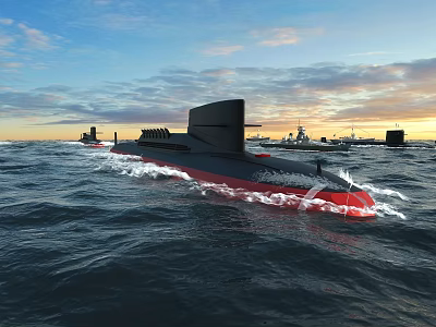 Military Submarine Sailing In Ocean With Waves And Other Naval Vessels Under Sunset Sky 3d model
