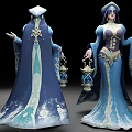 Elegant Women In Elaborate Blue Robes And Purple Dresses With Golden Decorations And Lanterns