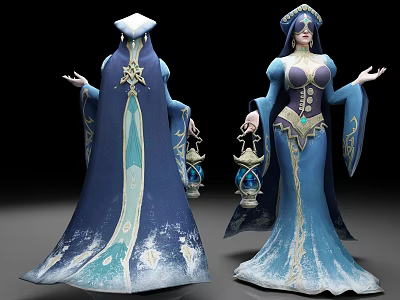 Elegant Women In Elaborate Blue Robes And Purple Dresses With Golden Decorations And Lanterns 3d model