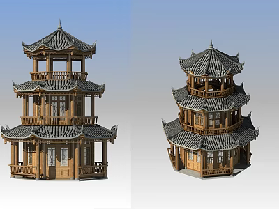 Traditional Chinese Wooden Pagoda Architecture With Multi Story Curved Eaves Design 3d model