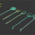 Household Kitchen Tools Including Wooden Spoons And Metal Ladles With Various Shapes