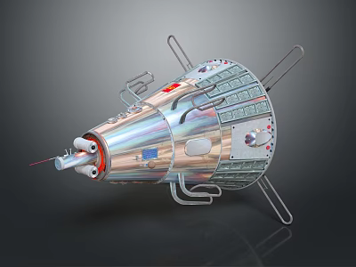 Metallic Conical Spacecraft Module With Reflective Surface Thrusters And Red Emblem 3d model