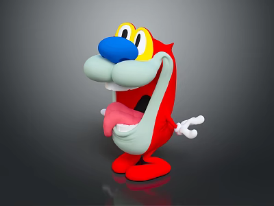 3D Animated Red Cartoon Character With Blue Nose Yellow Eyes Open Mouth And Sticking Tongue 3d model