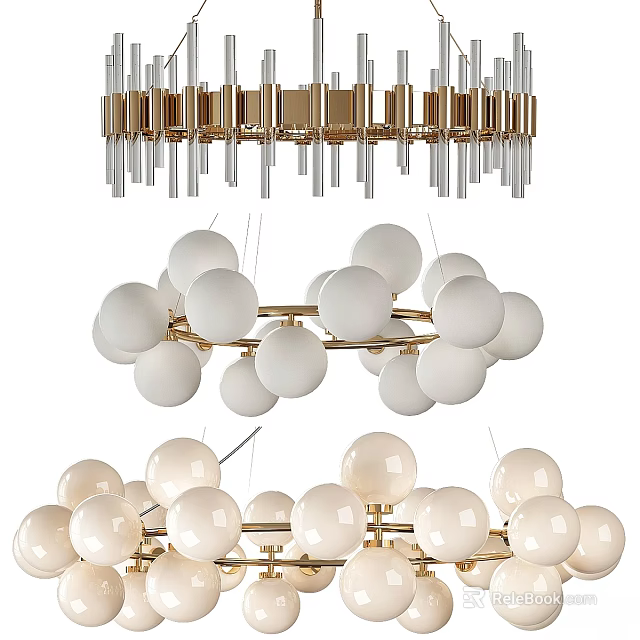 Modern Chandeliers With Golden Frame White Spherical Globes And Various Designs 3d model 