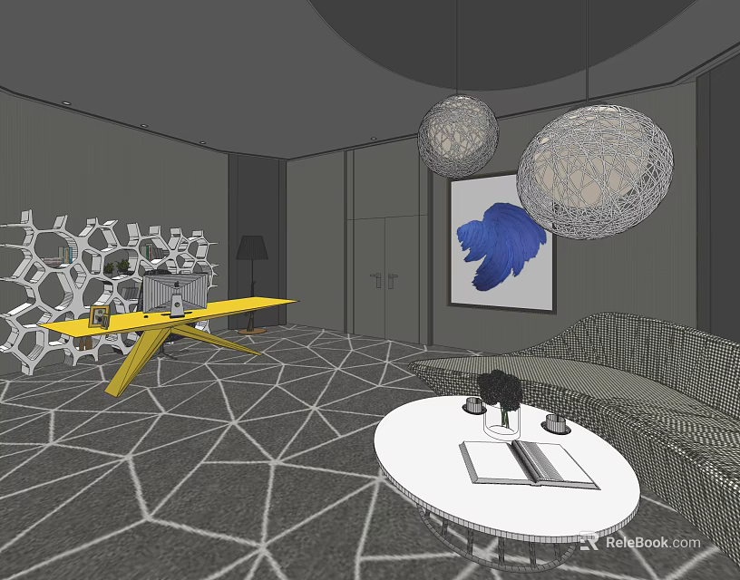Hotel Public Lounge Area With Geometric Floor Yellow Table White Coffee Table And Spherical Lights 3d model 