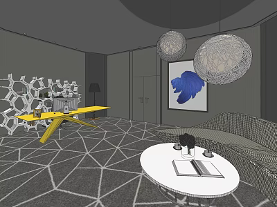 Hotel Public Lounge Area With Geometric Floor Yellow Table White Coffee Table And Spherical Lights 3d model