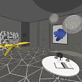 Hotel Public Lounge Area With Geometric Floor Yellow Table White Coffee Table And Spherical Lights