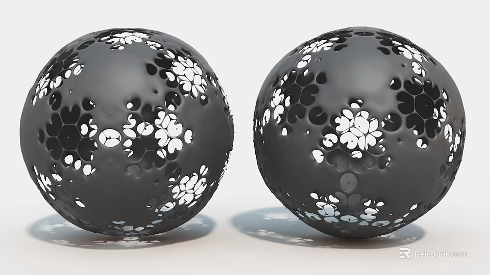 Dual Black Spherical Art Installation With Intricate Cutout Patterns And White Accents 3d model 