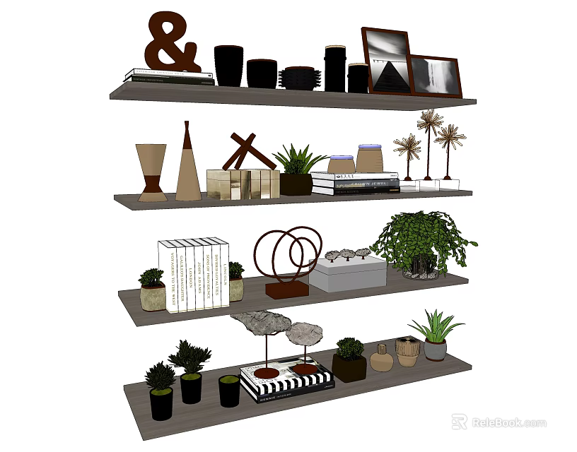 Modern Decorative Ornament Set With Geometric Figurines Plants Photo Frames On Shelves 3d model 
