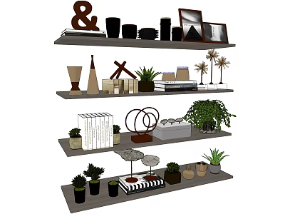 Modern Decorative Ornament Set With Geometric Figurines Plants Photo Frames On Shelves 3d model