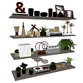Modern Decorative Ornament Set With Geometric Figurines Plants Photo Frames On Shelves