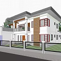 Modern Two Story Detached Villa With White Brown Walls Dark Roof And Green Lawn