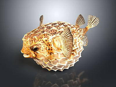 Detailed Inflated Spotted Puffer Fish With Sharp Spines On Dark Background 3d model
