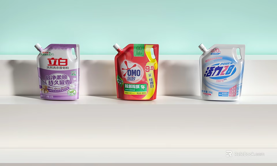 Colorful Laundry Detergent Packaging With Purple Red Blue Colors For Home Use 3d model 