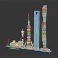 Cartoon Scene With Shanghai Landmark Models Oriental Pearl Tower And Skyscrapers