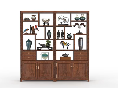 Wooden Curio Cabinet Displaying Decorative Vases Sculptures Globe Tea Set and Drawers 3d model