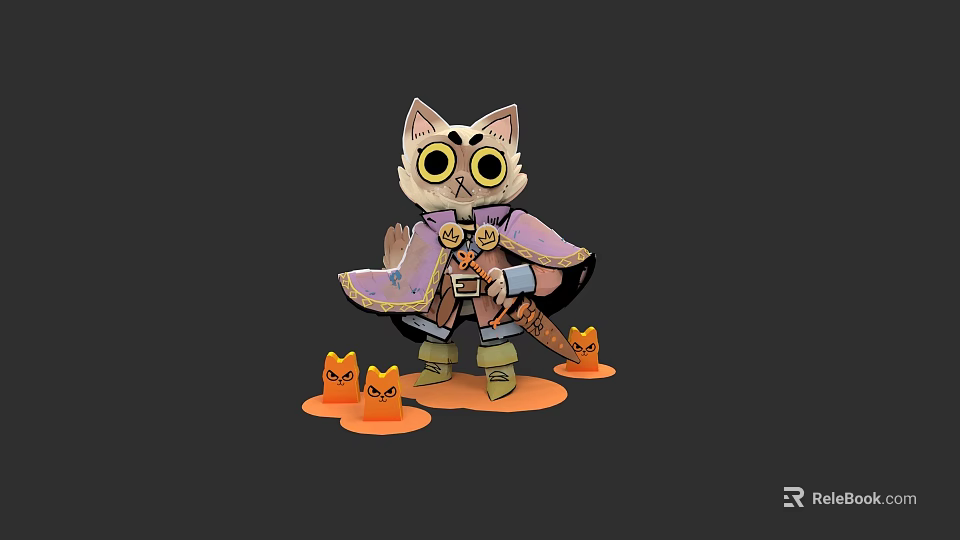 Game Movie Character Cartoon Cat With Big Eyes Purple Cape And Orange Small Companions 3d model 