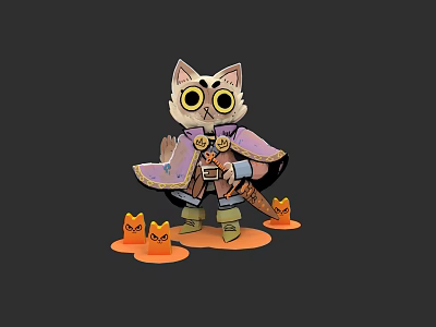 Game Movie Character Cartoon Cat With Big Eyes Purple Cape And Orange Small Companions 3d model