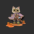 Game Movie Character Cartoon Cat With Big Eyes Purple Cape And Orange Small Companions