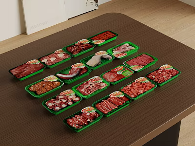 Various Types of Raw Meat Neatly Arranged in Green Trays on Brown Table 3d model