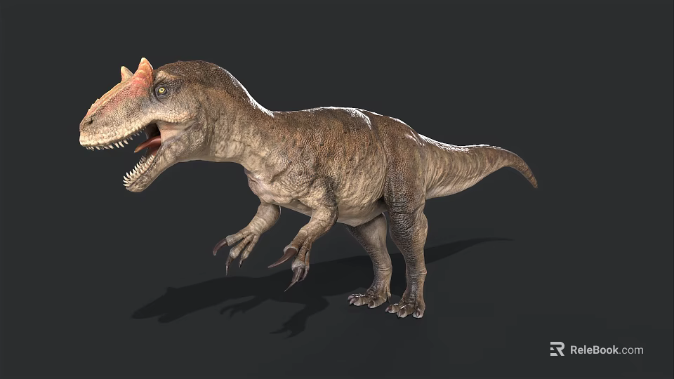 3D Dinosaur Model With Head Horns Open Mouth And Sharp Teeth Standing On Dark Background 3d model