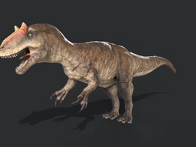 3D Dinosaur Model With Head Horns Open Mouth And Sharp Teeth Standing On Dark Background 3d model