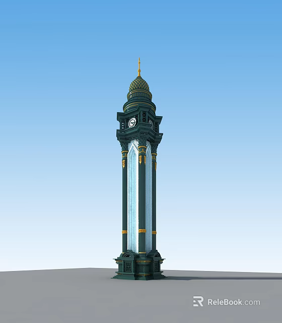 Outdoor Decorative Light Illuminating Tower with Clock Golden Accents Green Structure and Blue Sky 3d model 