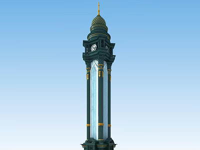 Outdoor Decorative Light Illuminating Tower with Clock Golden Accents Green Structure and Blue Sky 3d model