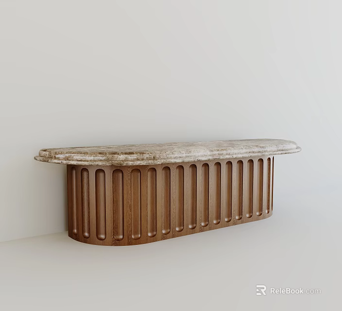Elegant Wall Mounted Fluted Solid Wood Bar Counter With Natural Retro Marble Top For Homes 3d model 