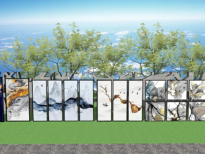 Traditional Chinese Nature Themed Wall Art Display With Green Trees And Blue Sky 3d model