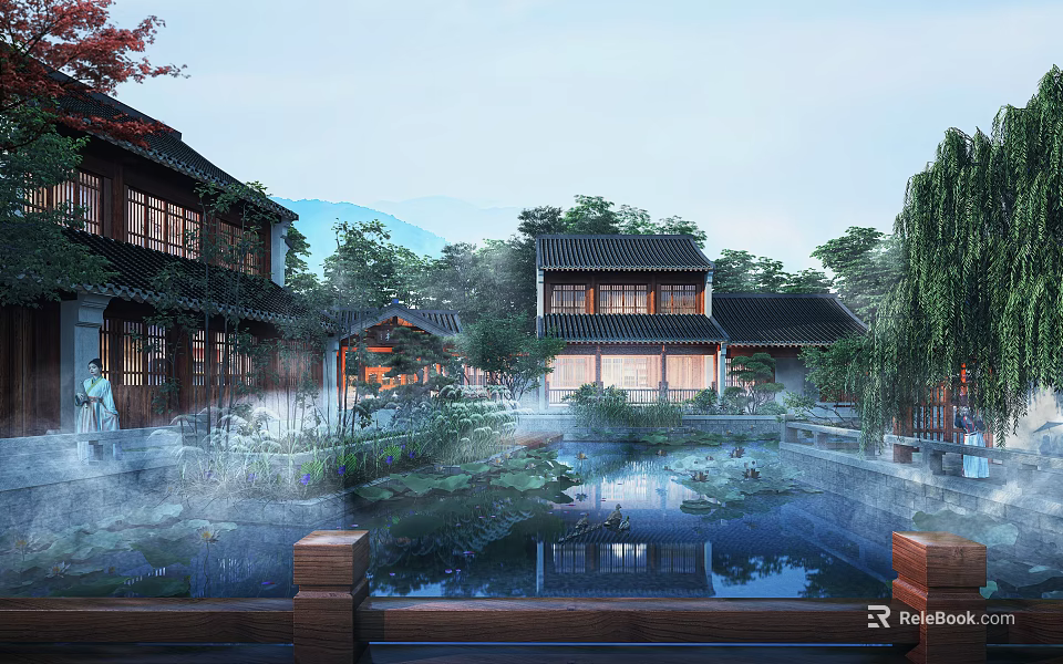 Traditional Ancient Chinese Architecture Courtyard With Pond Lotus And Mountain Reflection 3d model 