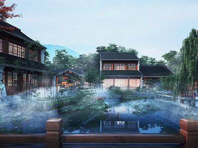Traditional Ancient Chinese Architecture Courtyard With Pond Lotus And Mountain Reflection 3d model