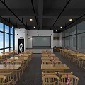 Modern Restaurant Interior Design With Wooden Tables Chairs Pendant Lights And Large Windows