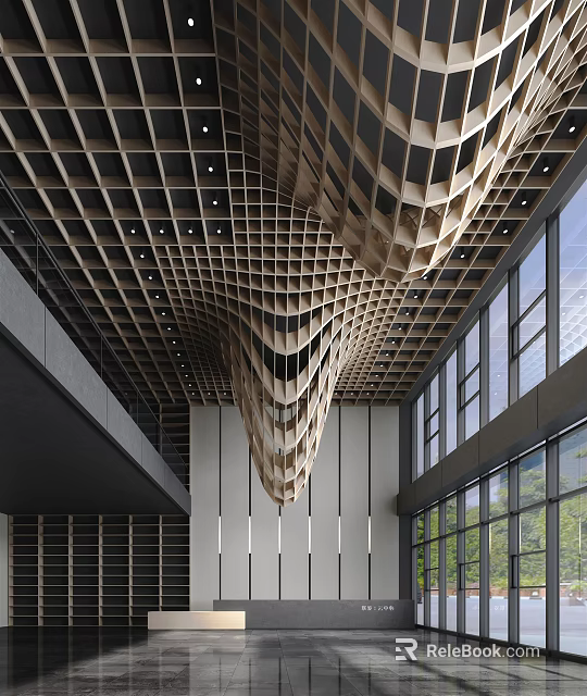 Stunning Hotel Lobby With Wooden Wave Grid Ceiling And Large Glass Windows 3d model 
