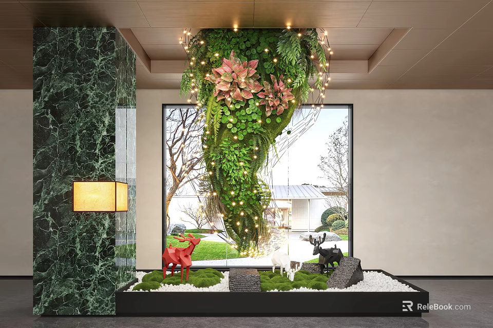 Lush Indoor Landscape With Hanging Greenery String Lights Marble Column Red Sculptures And White Pebbles 3d model 