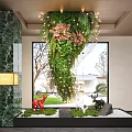 Lush Indoor Landscape With Hanging Greenery String Lights Marble Column Red Sculptures And White Pebbles