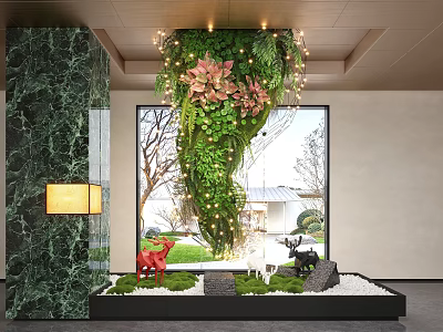 Lush Indoor Landscape With Hanging Greenery String Lights Marble Column Red Sculptures And White Pebbles 3d model