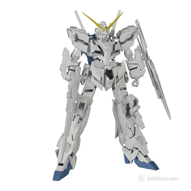 Silver Mechanical Gundam Figure With Blue Accents And Weapon In Standing Pose 3d model 