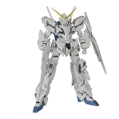 Silver Mechanical Gundam Figure With Blue Accents And Weapon In Standing Pose 3d model