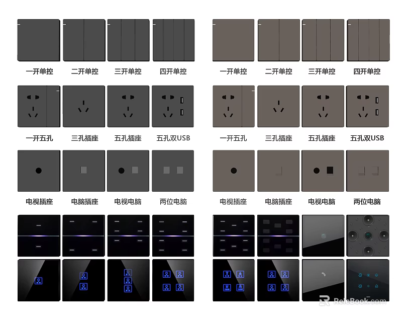 Modern Switch Panels with Single Double Triple Gang Switches Socket Outlets Dimmer and Indicator Lights 3d model