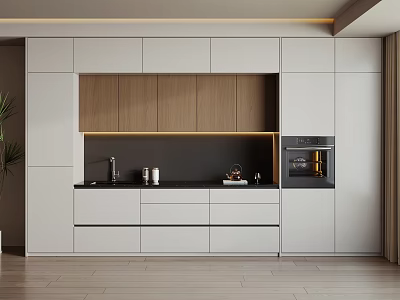 Modern White And Wooden Sideboard With Cabinets Drawers Black Countertop Oven Plant And Wooden Floor 3d model